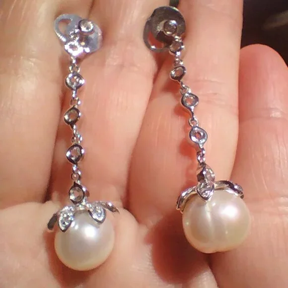 HONORA Freshwater White Pearl Earrings With Cubic Zirconia 925 Sterling Silver - Picture 4 of 8